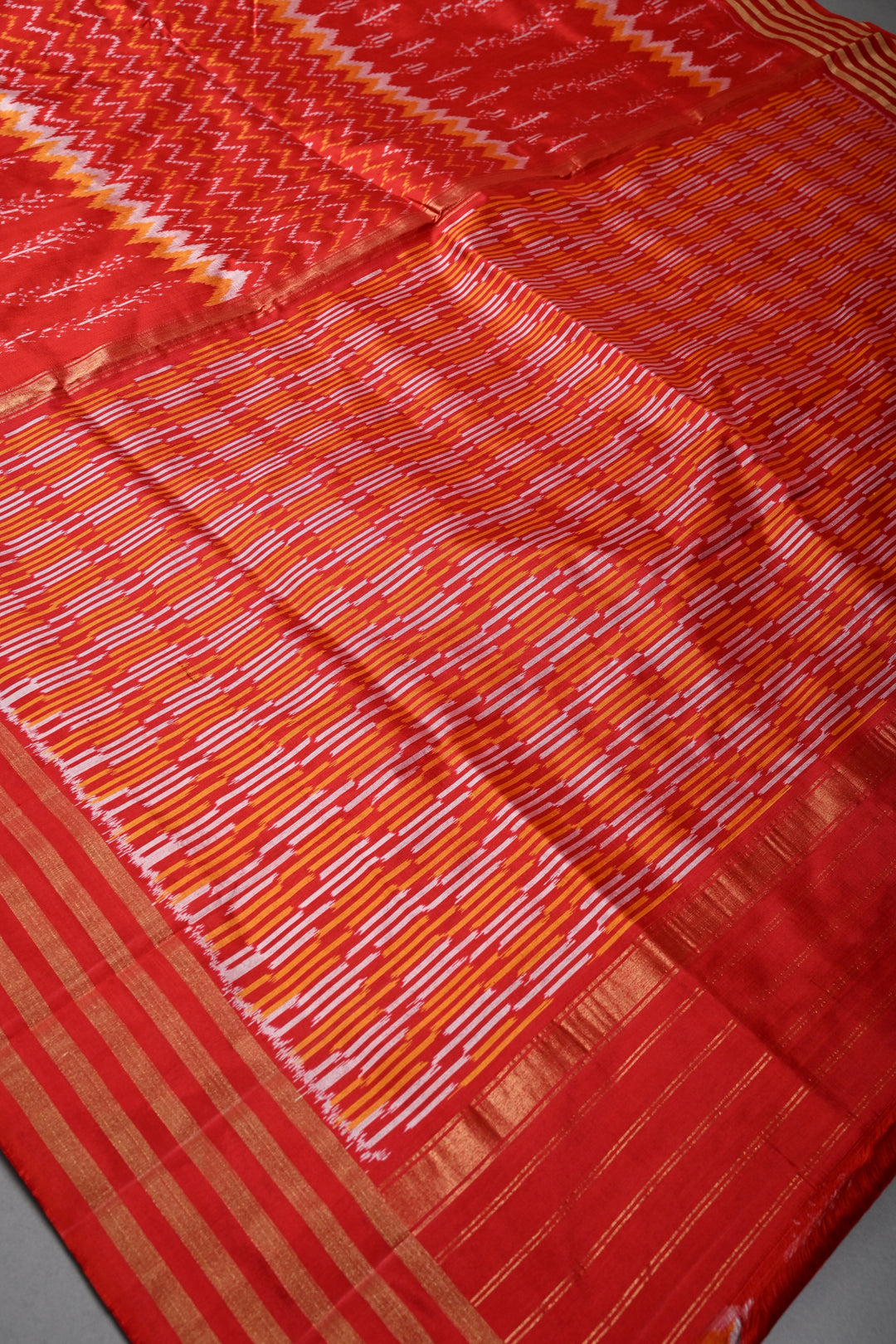 Red Pochampally Ikkat Pure Silk Saree with Multiple Panel Design and Stripes Zari Border | SILK MARK CERTIFIED | SHOBITAM