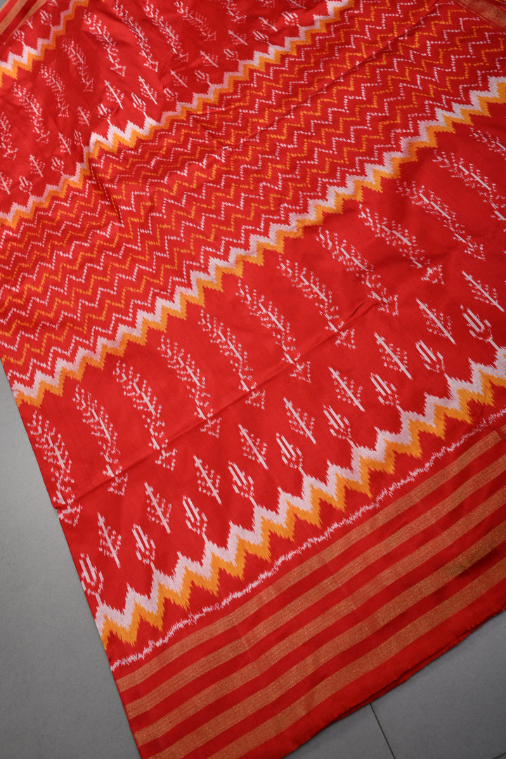 Red Pochampally Ikkat Pure Silk Saree with Multiple Panel Design and Stripes Zari Border | SILK MARK CERTIFIED | SHOBITAM