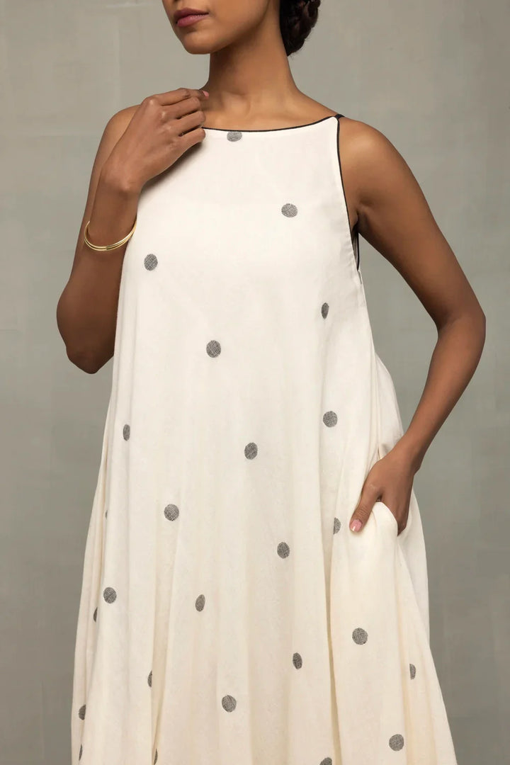 Pearl White Trapeze Jamdani Handwoven Dress | SHOBITAM