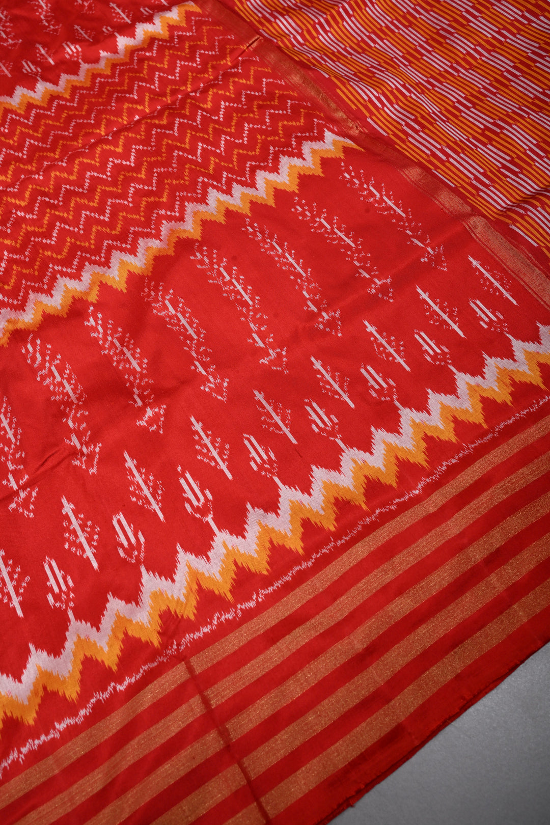Red Pochampally Ikkat Pure Silk Saree with Multiple Panel Design and Stripes Zari Border | SILK MARK CERTIFIED | SHOBITAM
