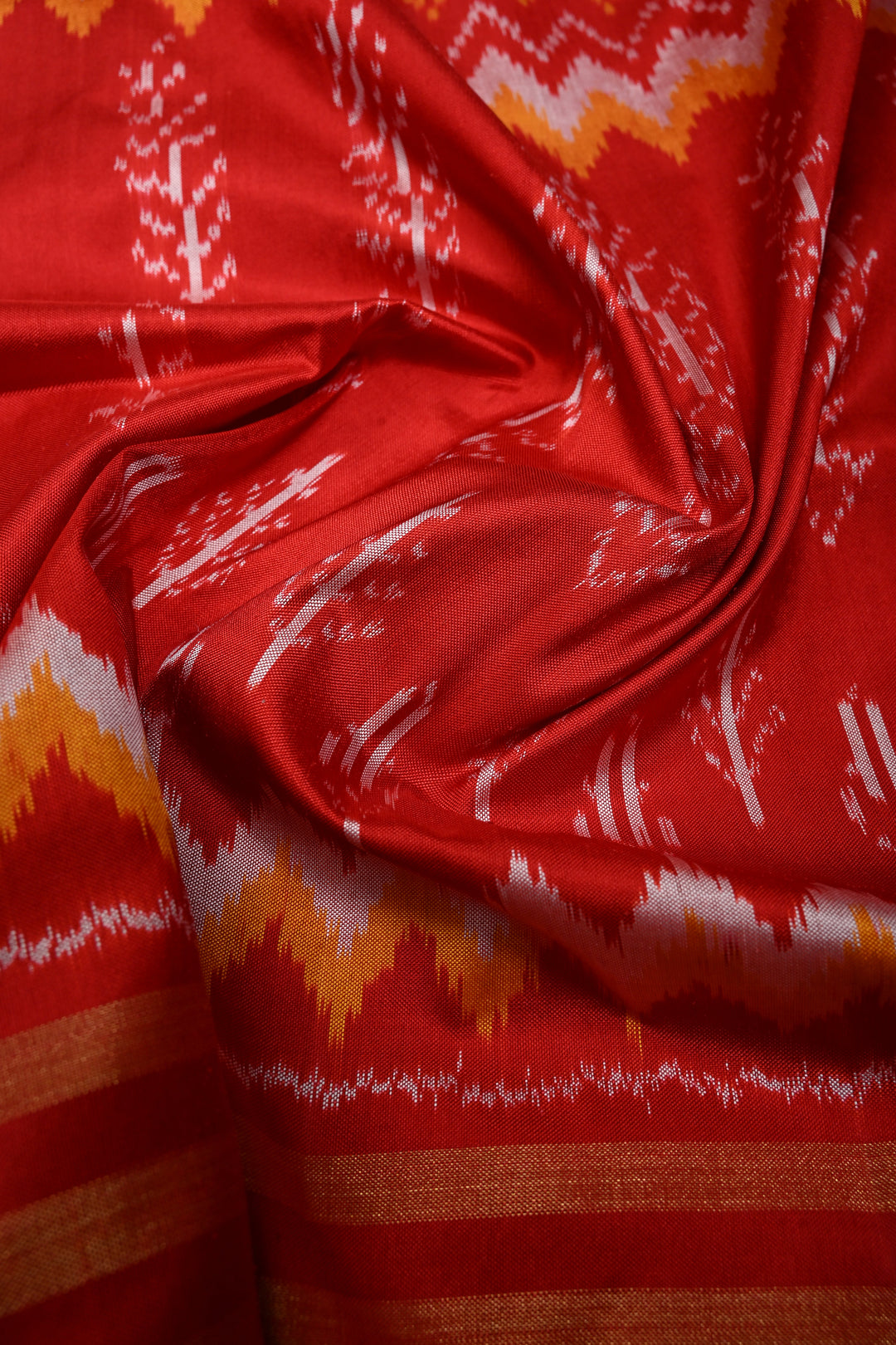 Red Pochampally Ikkat Pure Silk Saree with Multiple Panel Design and Stripes Zari Border | SILK MARK CERTIFIED | SHOBITAM