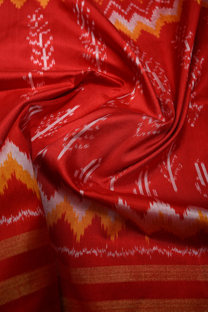 Red Pochampally Ikkat Pure Silk Saree with Multiple Panel Design and Stripes Zari Border | SILK MARK CERTIFIED | SHOBITAM