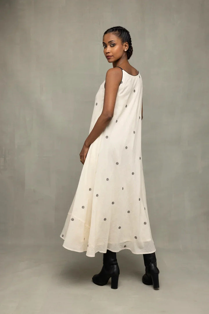 Pearl White Trapeze Jamdani Handwoven Dress | SHOBITAM