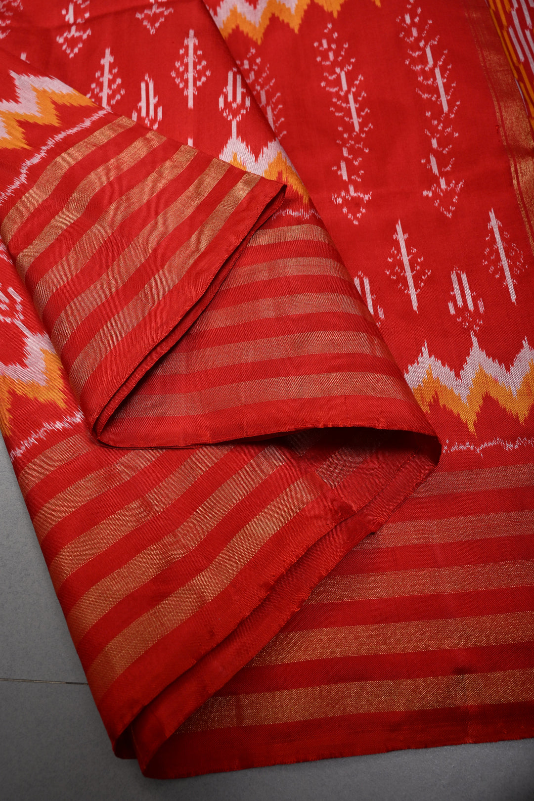 Red Pochampally Ikkat Pure Silk Saree with Multiple Panel Design and Stripes Zari Border | SILK MARK CERTIFIED | SHOBITAM