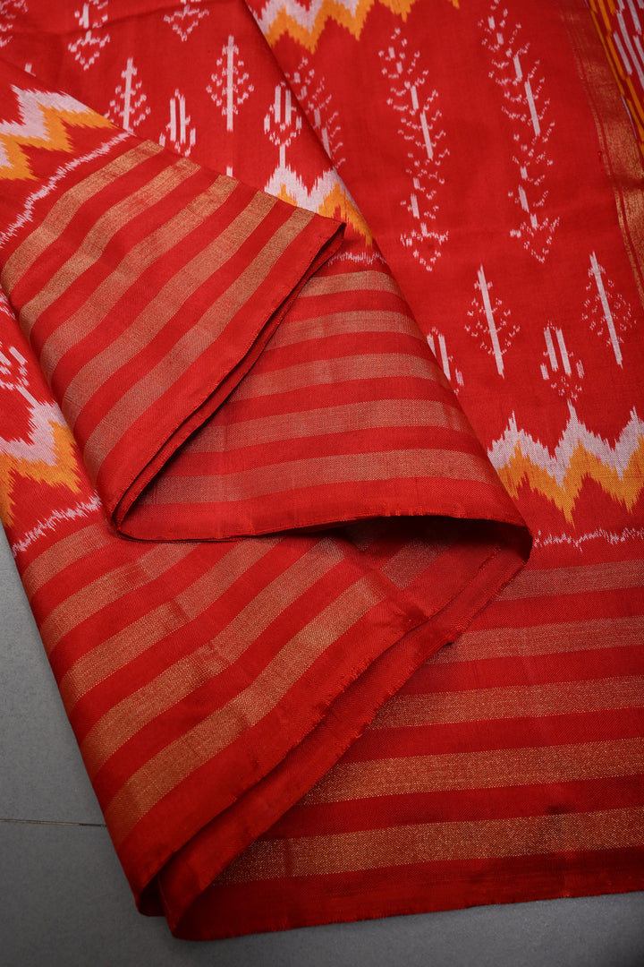 Red Pochampally Ikkat Pure Silk Saree with Multiple Panel Design and Stripes Zari Border | SILK MARK CERTIFIED | SHOBITAM