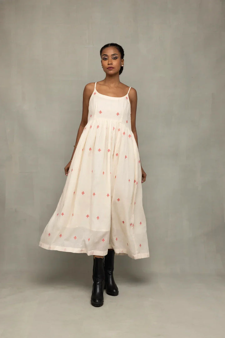 Cream Red Dheki Pure Cotton Jamdani Dress | SHOBITAM