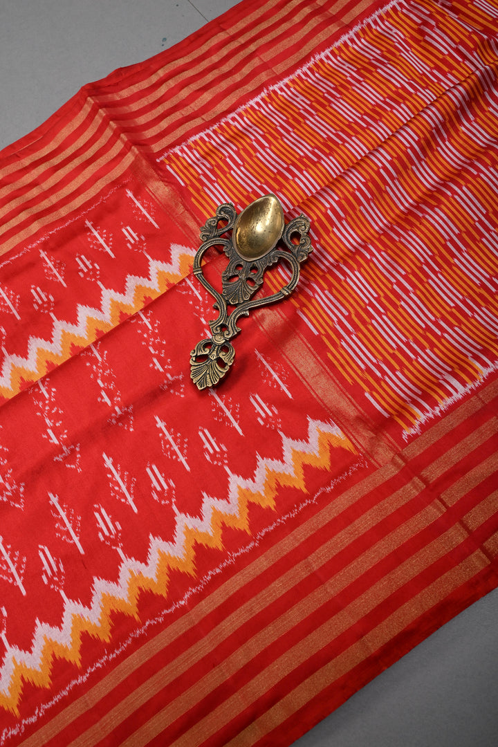 Red Pochampally Ikkat Pure Silk Saree with Multiple Panel Design and Stripes Zari Border | SILK MARK CERTIFIED | SHOBITAM