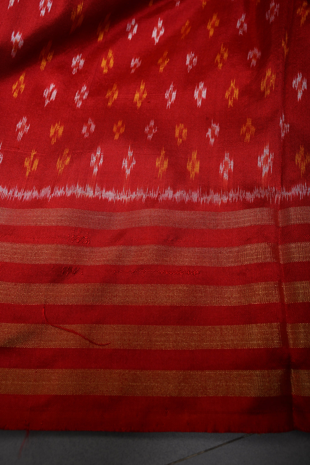Red Pochampally Ikkat Pure Silk Saree with Multiple Panel Design and Stripes Zari Border | SILK MARK CERTIFIED | SHOBITAM