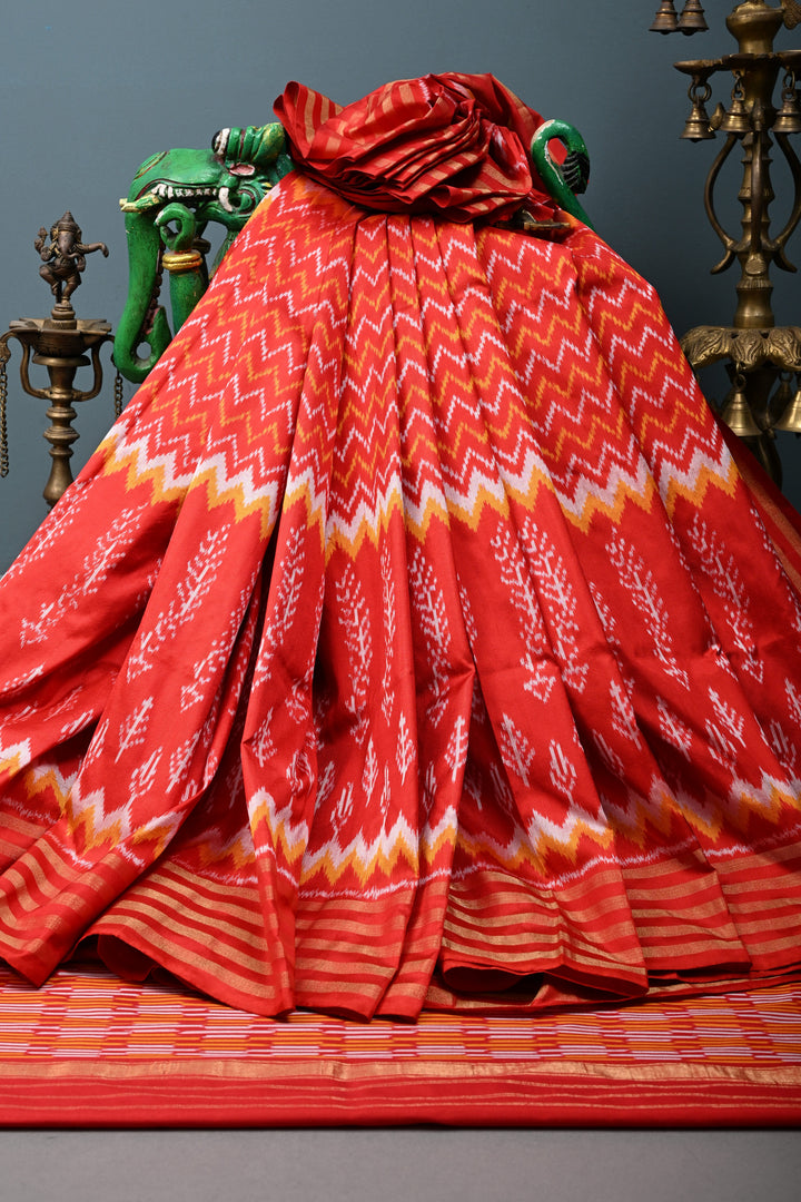 Red Pochampally Ikkat Pure Silk Saree with Multiple Panel Design and Stripes Zari Border | SILK MARK CERTIFIED | SHOBITAM