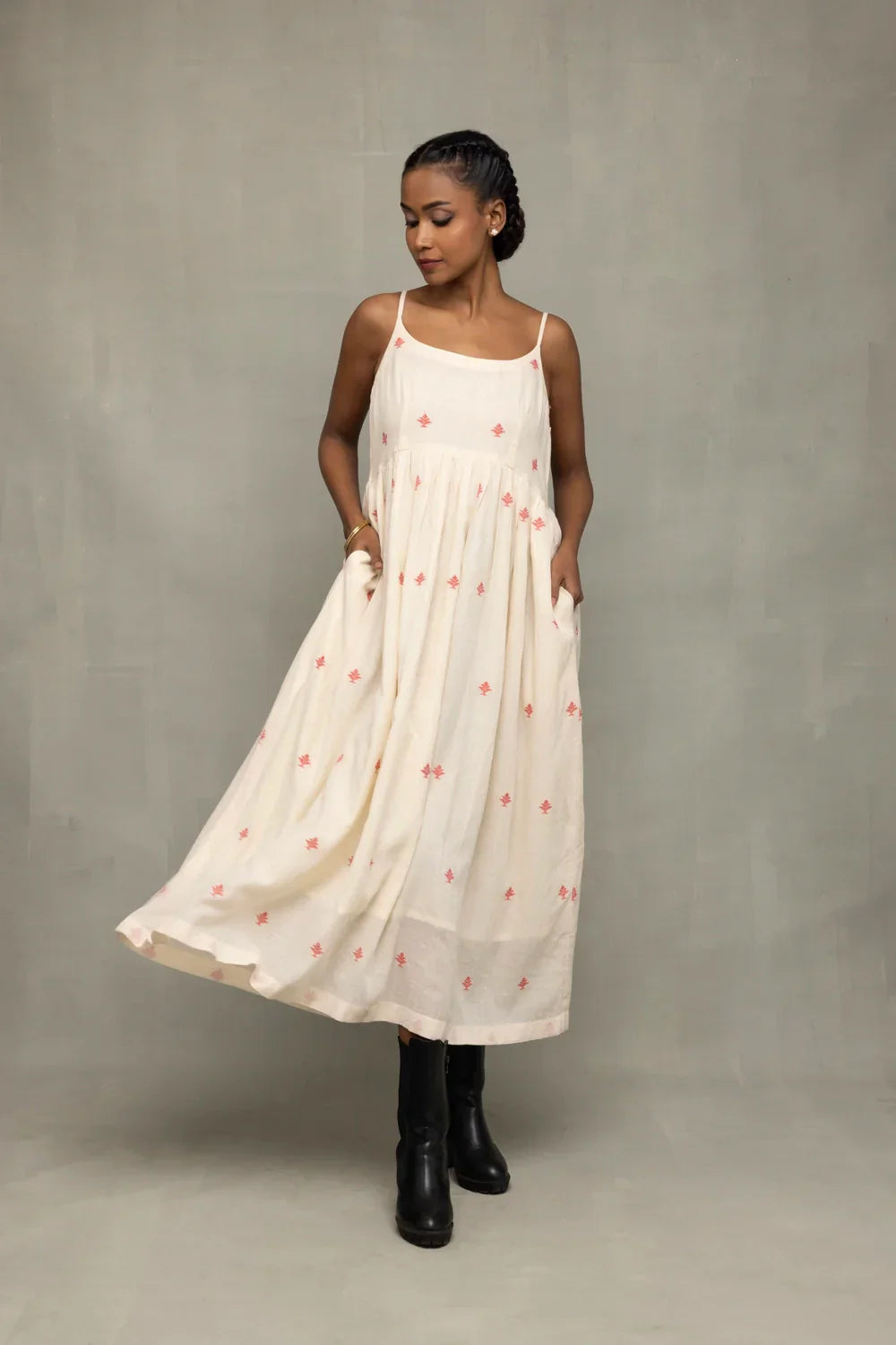 Cream Red Dheki Pure Cotton Jamdani Dress | SHOBITAM