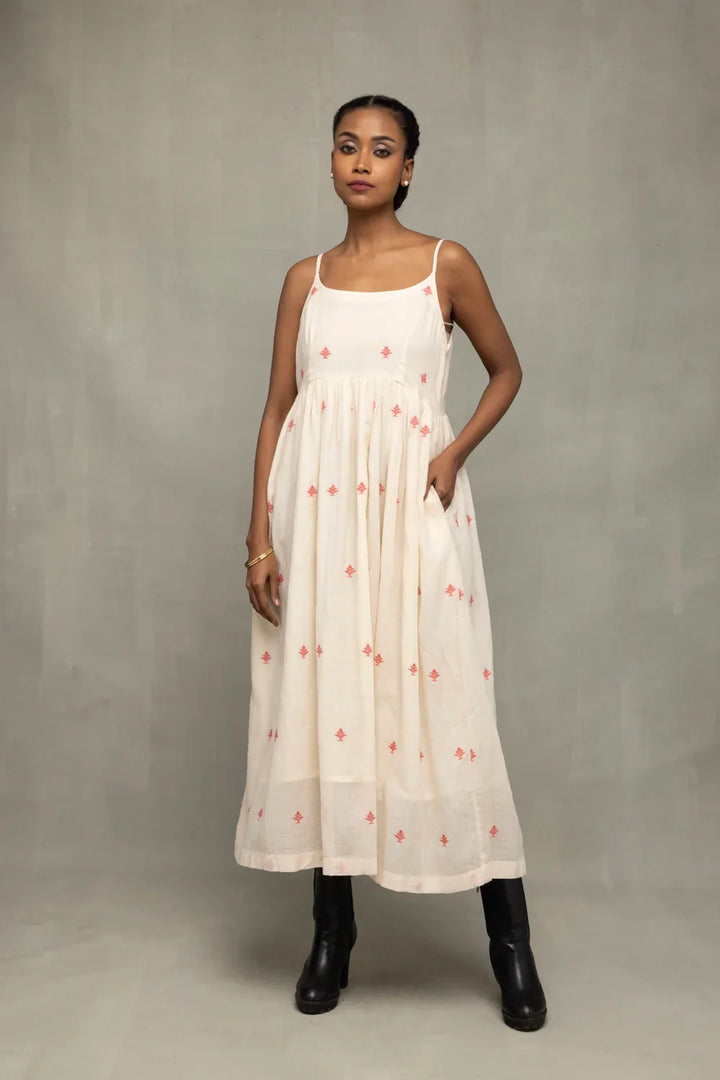 Cream Red Dheki Pure Cotton Jamdani Dress | SHOBITAM