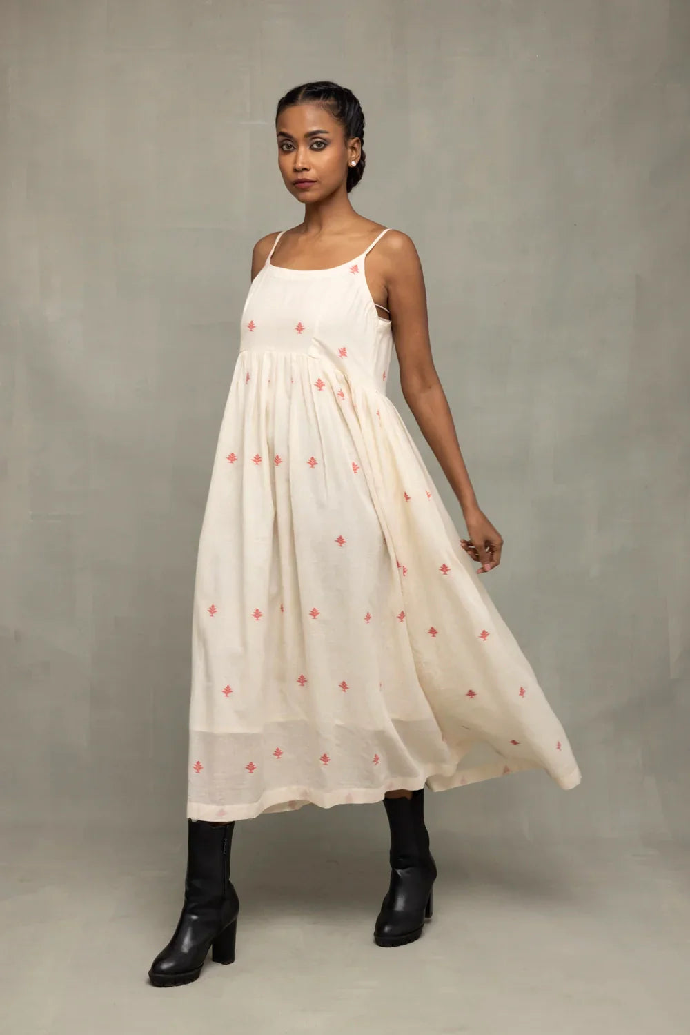 Cream Red Dheki Pure Cotton Jamdani Dress | SHOBITAM