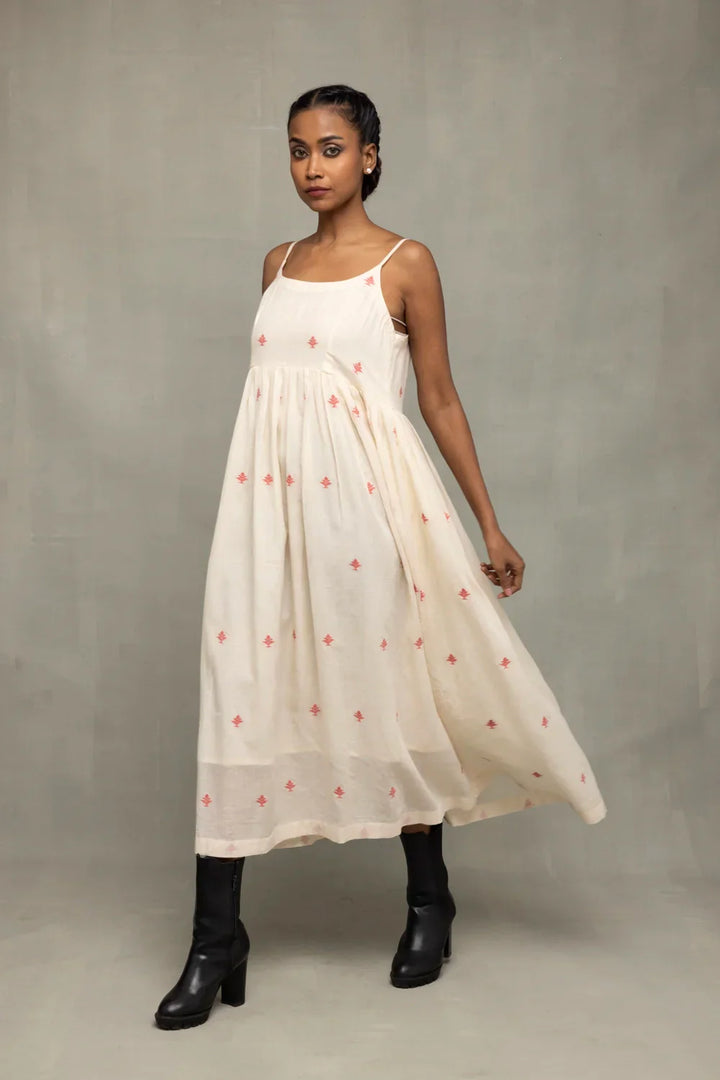 Cream Red Dheki Pure Cotton Jamdani Dress | SHOBITAM