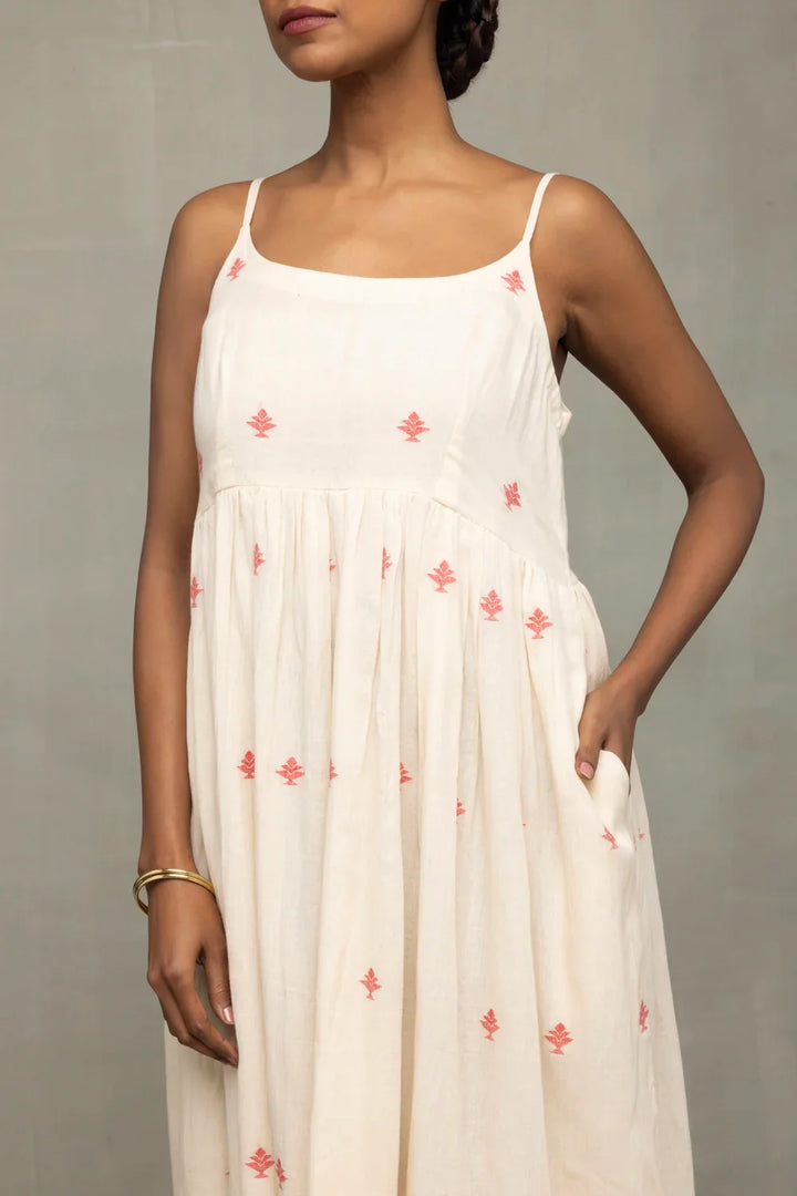 Cream Red Dheki Pure Cotton Jamdani Dress | SHOBITAM