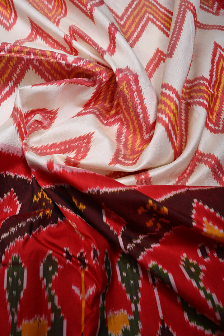 Off White Pochampally Ikkat Pure Silk Fusion Saree with Chevron and Panel Design on Contrast Kanjivaram Zari Border | SILK MARK CERTIFIED | SHOBITAM