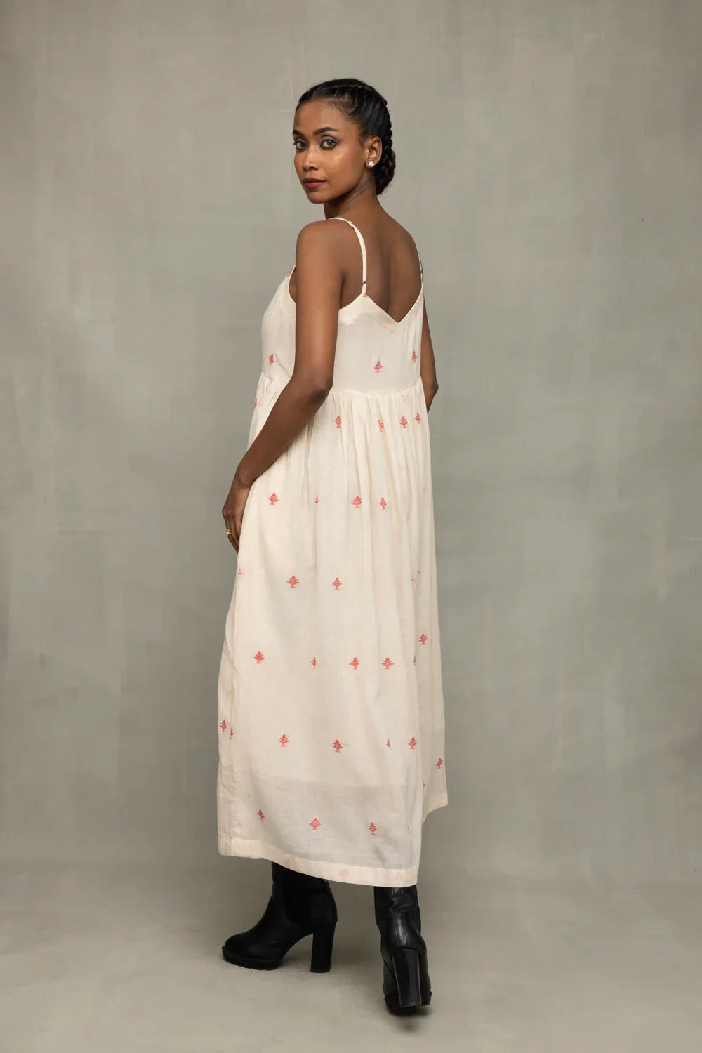 Cream Red Dheki Pure Cotton Jamdani Dress | SHOBITAM