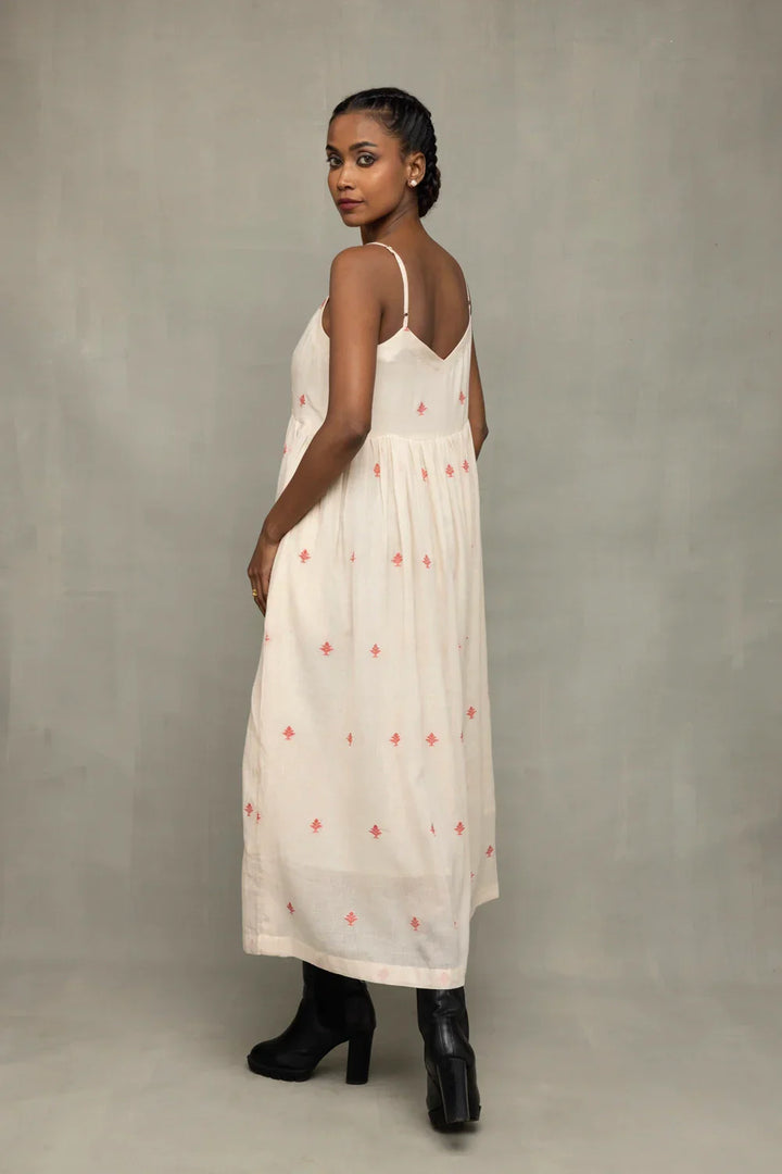 Cream Red Dheki Pure Cotton Jamdani Dress | SHOBITAM