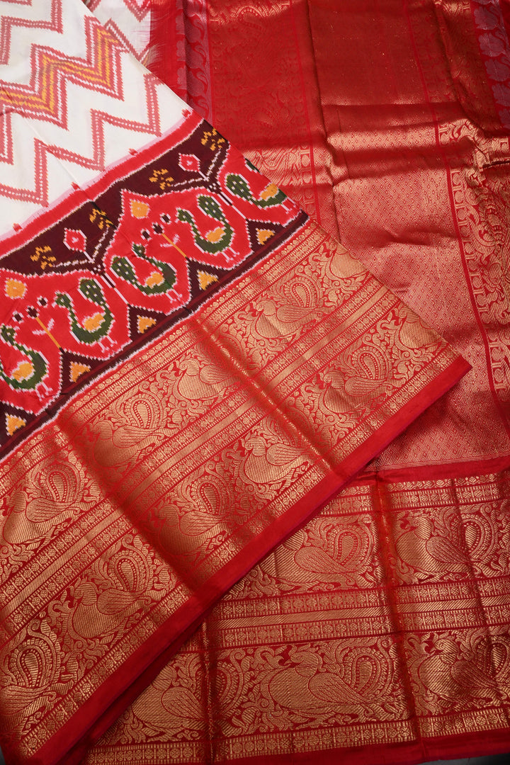 Off White Pochampally Ikkat Pure Silk Fusion Saree with Chevron and Panel Design on Contrast Kanjivaram Zari Border | SILK MARK CERTIFIED | SHOBITAM