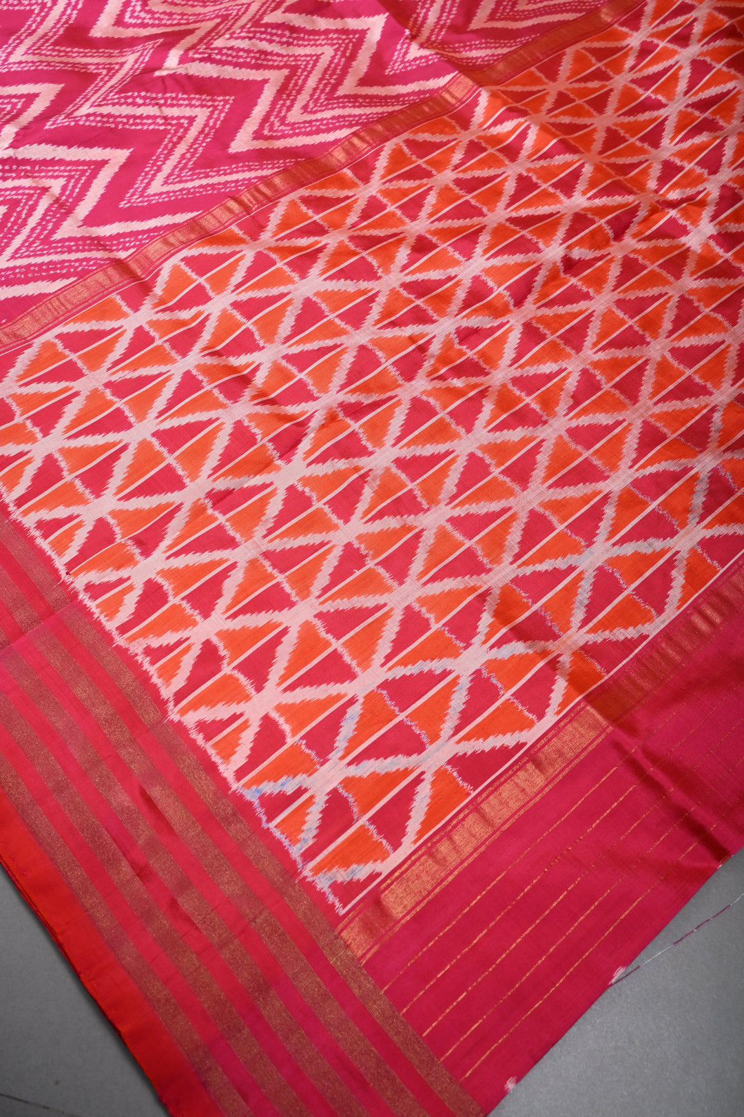 Pink-Orange Dual Tone Pochampally Ikkat Pure Silk Saree with Chevron Design and Tissue Stripes Border | SILK MARK CERTIFIED | SHOBITAM