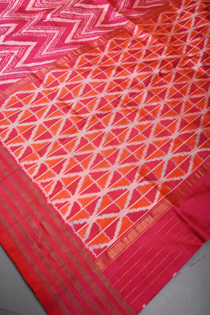 Pink-Orange Dual Tone Pochampally Ikkat Pure Silk Saree with Chevron Design and Tissue Stripes Border | SILK MARK CERTIFIED | SHOBITAM