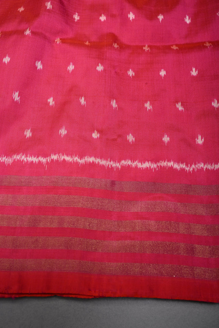 Pink-Orange Dual Tone Pochampally Ikkat Pure Silk Saree with Chevron Design and Tissue Stripes Border | SILK MARK CERTIFIED | SHOBITAM