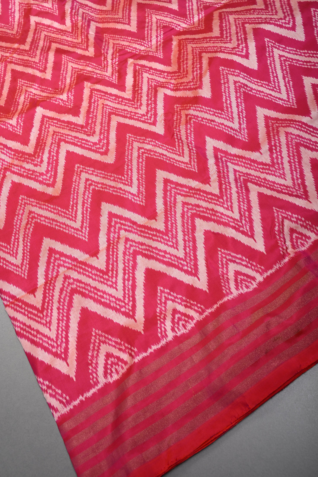 Pink-Orange Dual Tone Pochampally Ikkat Pure Silk Saree with Chevron Design and Tissue Stripes Border | SILK MARK CERTIFIED | SHOBITAM