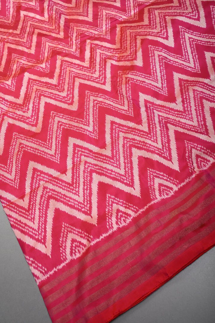 Pink-Orange Dual Tone Pochampally Ikkat Pure Silk Saree with Chevron Design and Tissue Stripes Border | SILK MARK CERTIFIED | SHOBITAM