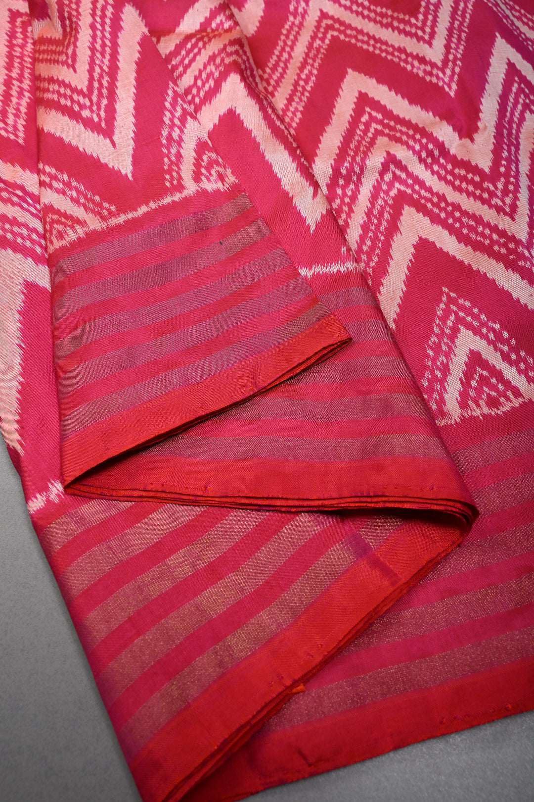 Pink-Orange Dual Tone Pochampally Ikkat Pure Silk Saree with Chevron Design and Tissue Stripes Border | SILK MARK CERTIFIED | SHOBITAM