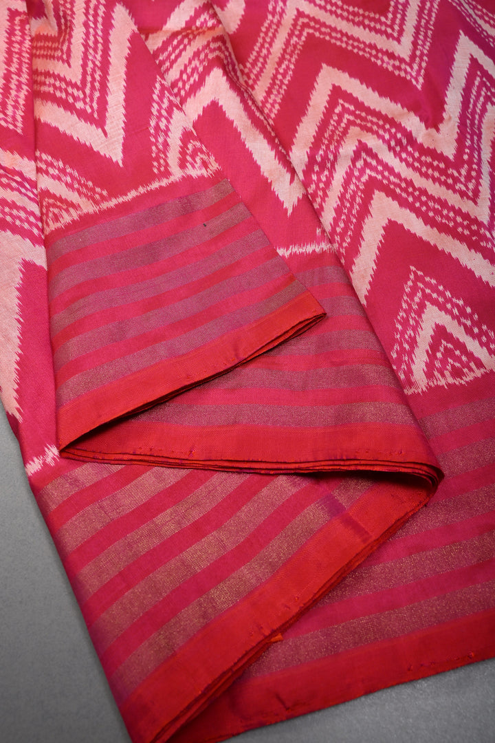 Pink-Orange Dual Tone Pochampally Ikkat Pure Silk Saree with Chevron Design and Tissue Stripes Border | SILK MARK CERTIFIED | SHOBITAM