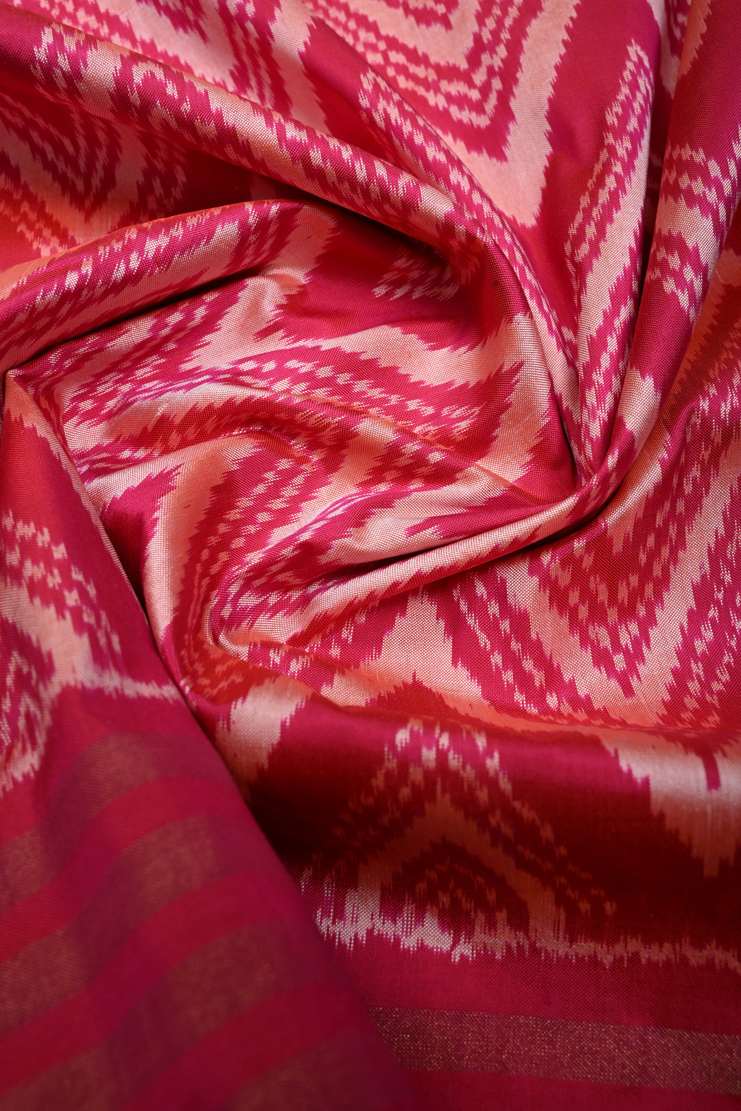 Pink-Orange Dual Tone Pochampally Ikkat Pure Silk Saree with Chevron Design and Tissue Stripes Border | SILK MARK CERTIFIED | SHOBITAM