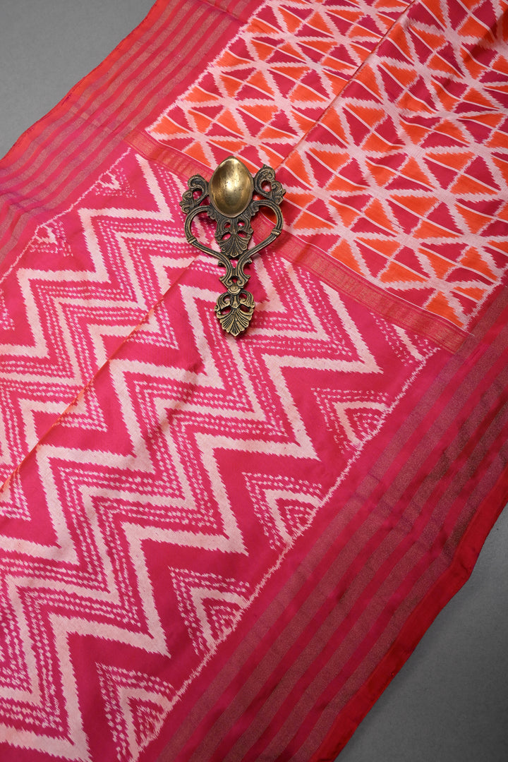 Pink-Orange Dual Tone Pochampally Ikkat Pure Silk Saree with Chevron Design and Tissue Stripes Border | SILK MARK CERTIFIED | SHOBITAM