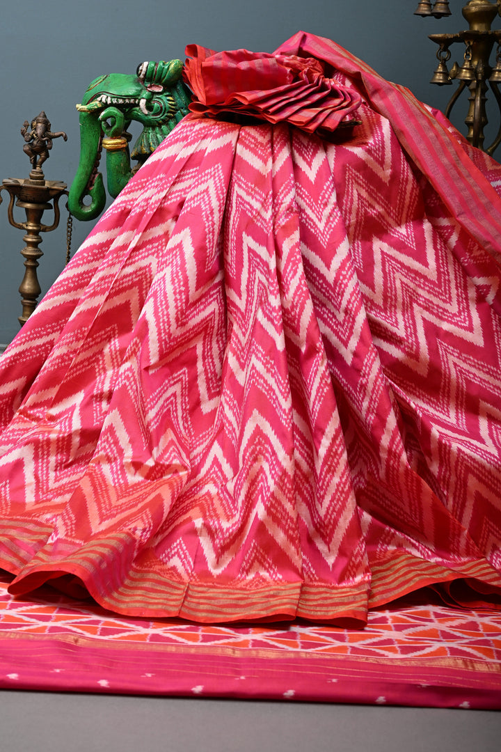 Pink-Orange Dual Tone Pochampally Ikkat Pure Silk Saree with Chevron Design and Tissue Stripes Border | SILK MARK CERTIFIED | SHOBITAM