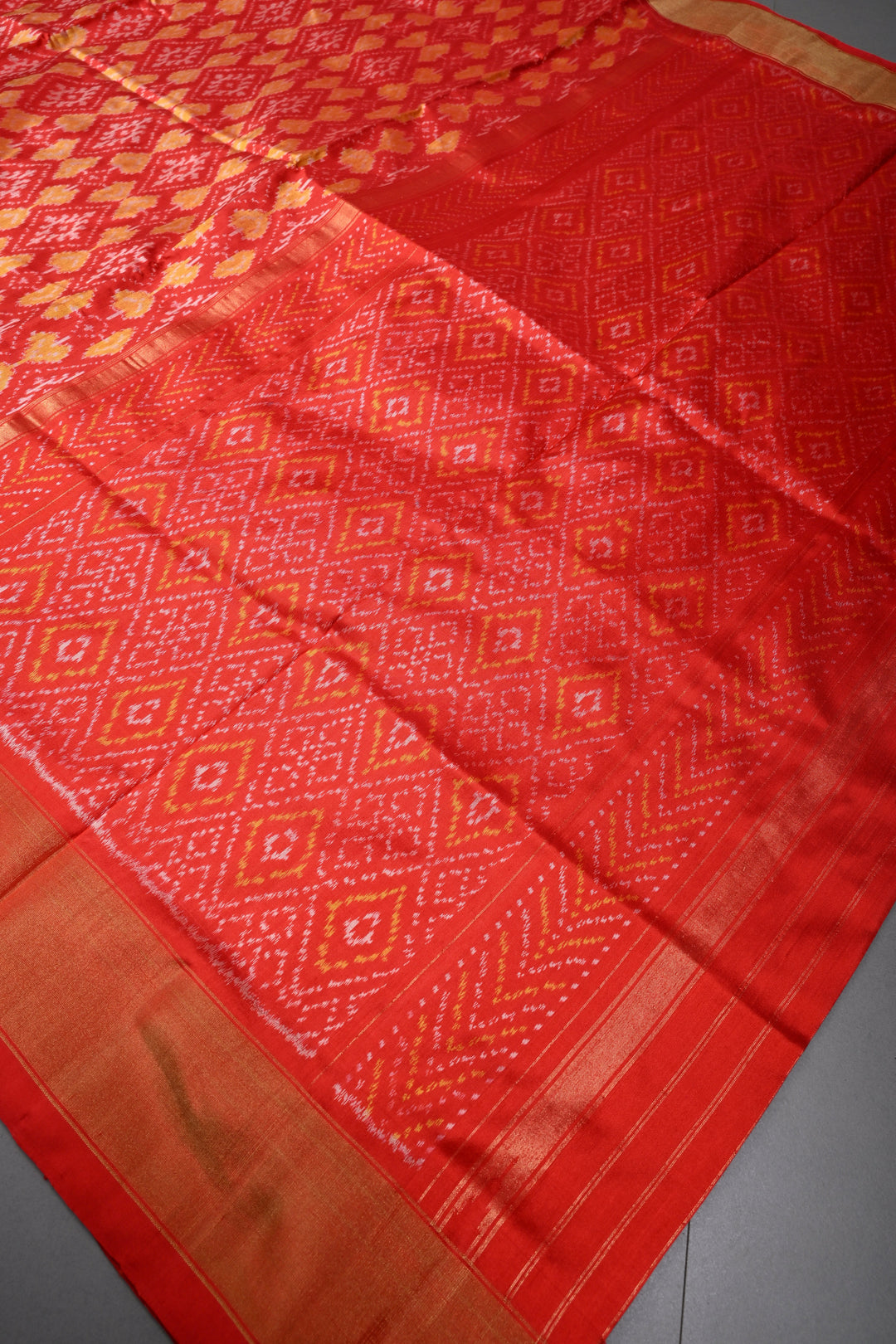 Red Pochampally Ikkat Pure Silk Saree with Geometric Brocade and Tissue Border | SILK MARK CERTIFIED | SHOBITAM