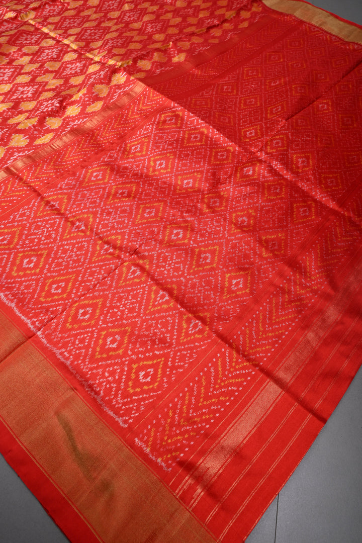 Red Pochampally Ikkat Pure Silk Saree with Geometric Brocade and Tissue Border | SILK MARK CERTIFIED | SHOBITAM