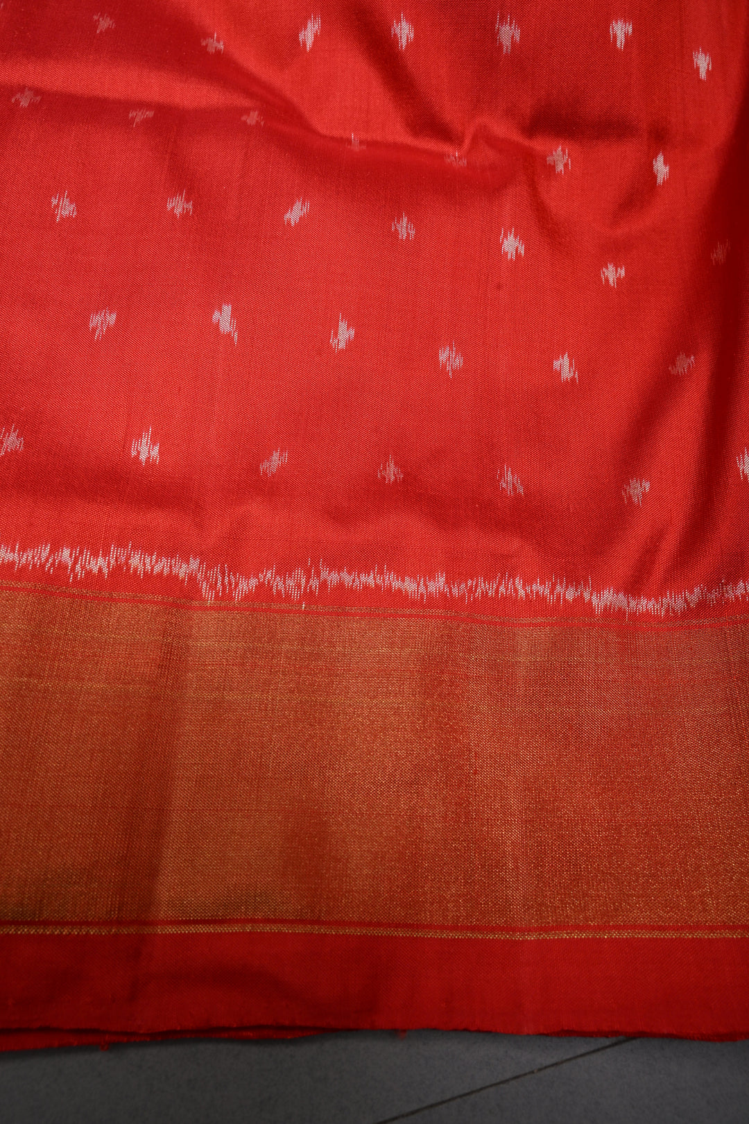 Red Pochampally Ikkat Pure Silk Saree with Geometric Brocade and Tissue Border | SILK MARK CERTIFIED | SHOBITAM