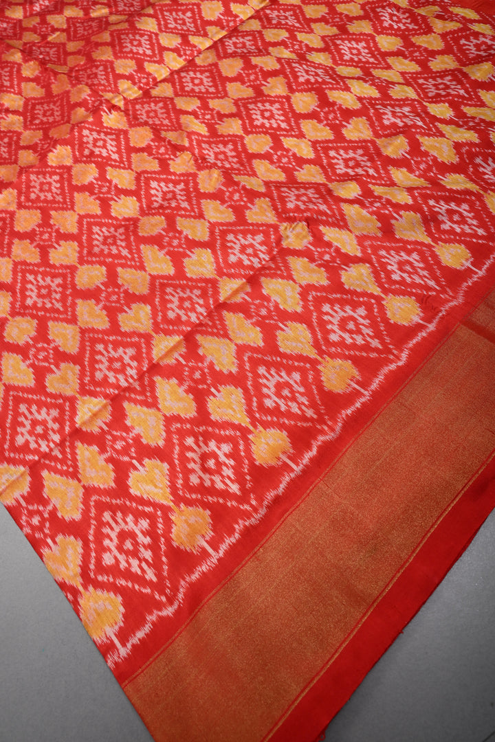Red Pochampally Ikkat Pure Silk Saree with Geometric Brocade and Tissue Border | SILK MARK CERTIFIED | SHOBITAM