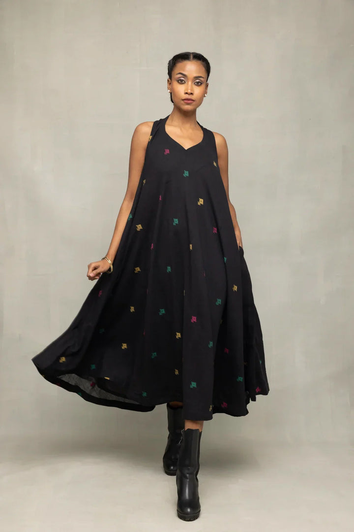 Black Noorrekha Pure Cotton Jamdani Dress | SHOBITAM