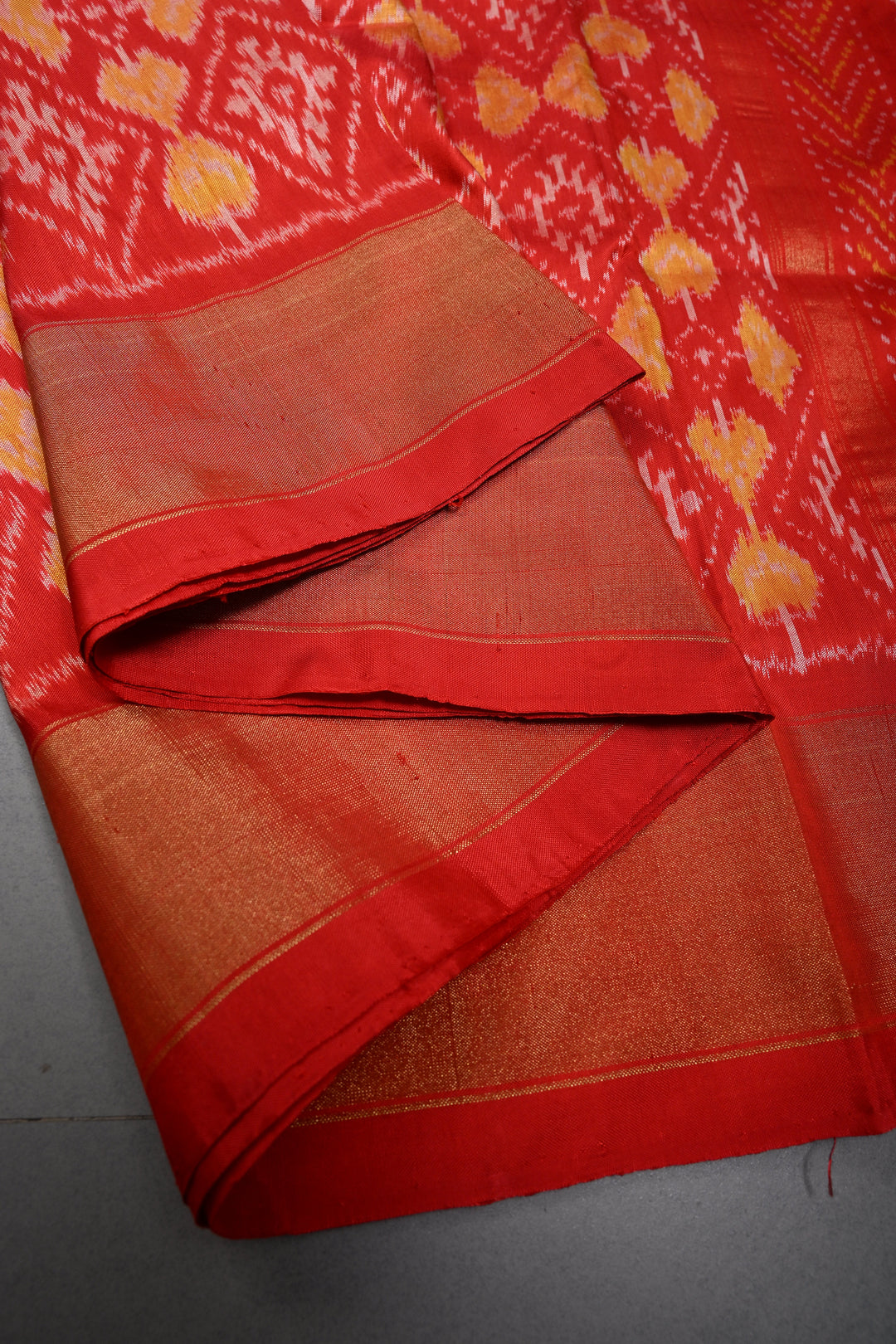 Red Pochampally Ikkat Pure Silk Saree with Geometric Brocade and Tissue Border | SILK MARK CERTIFIED | SHOBITAM