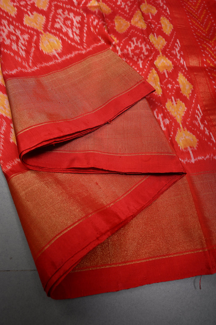 Red Pochampally Ikkat Pure Silk Saree with Geometric Brocade and Tissue Border | SILK MARK CERTIFIED | SHOBITAM