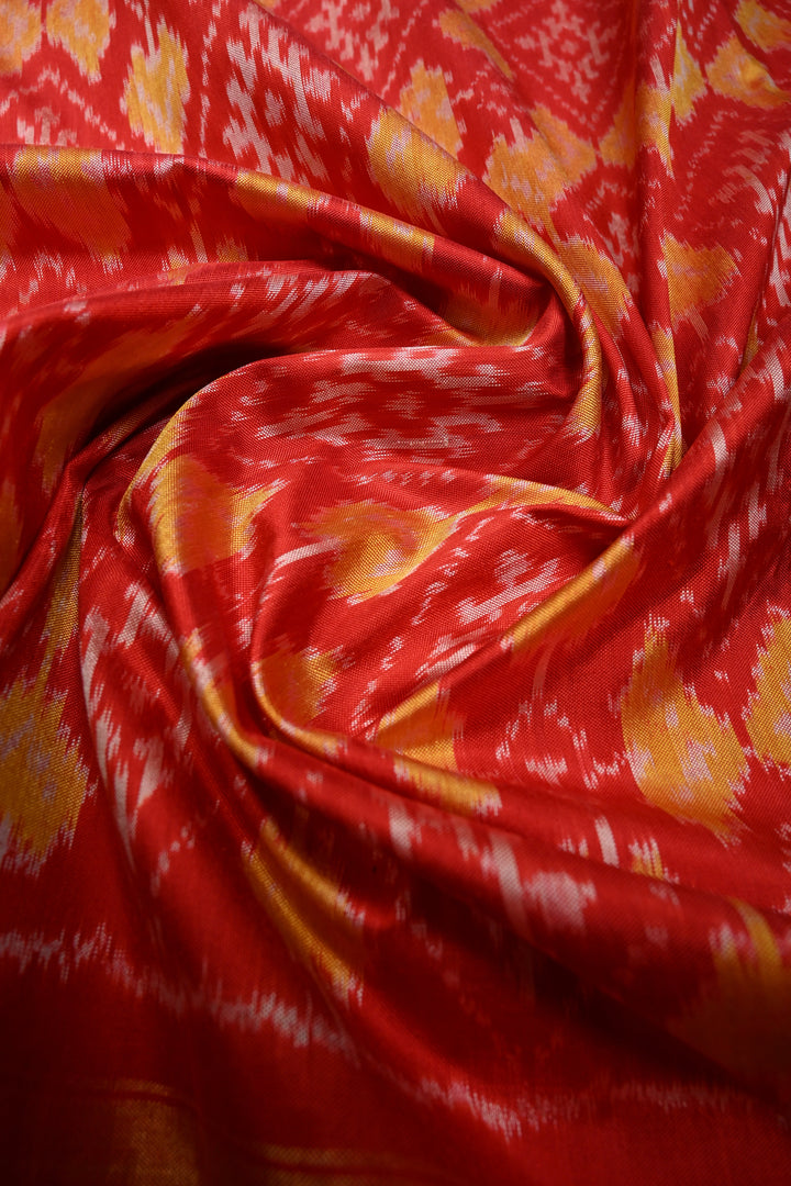 Red Pochampally Ikkat Pure Silk Saree with Geometric Brocade and Tissue Border | SILK MARK CERTIFIED | SHOBITAM