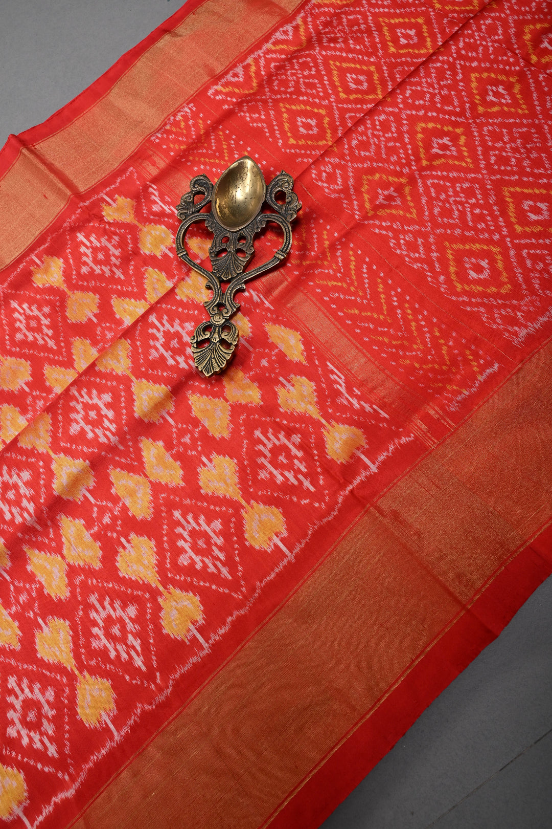 Red Pochampally Ikkat Pure Silk Saree with Geometric Brocade and Tissue Border | SILK MARK CERTIFIED | SHOBITAM