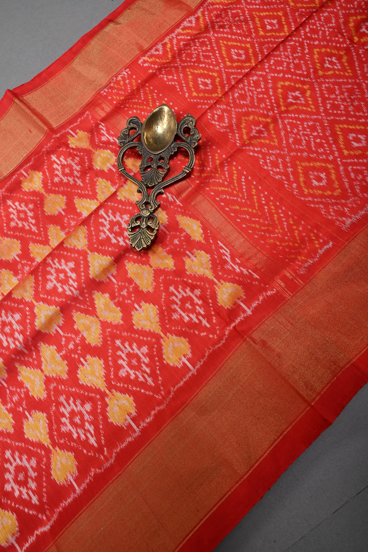 Red Pochampally Ikkat Pure Silk Saree with Geometric Brocade and Tissue Border | SILK MARK CERTIFIED | SHOBITAM