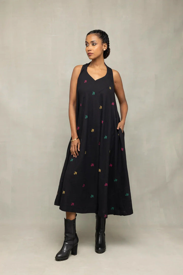 Black Noorrekha Pure Cotton Jamdani Dress | SHOBITAM
