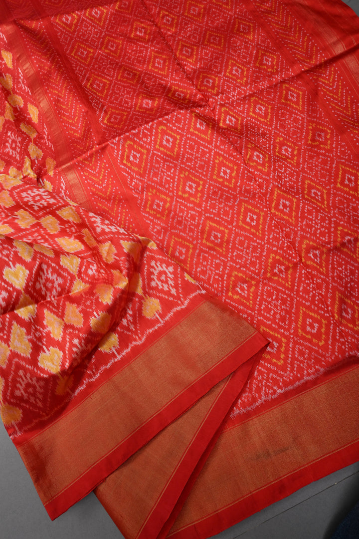 Red Pochampally Ikkat Pure Silk Saree with Geometric Brocade and Tissue Border | SILK MARK CERTIFIED | SHOBITAM