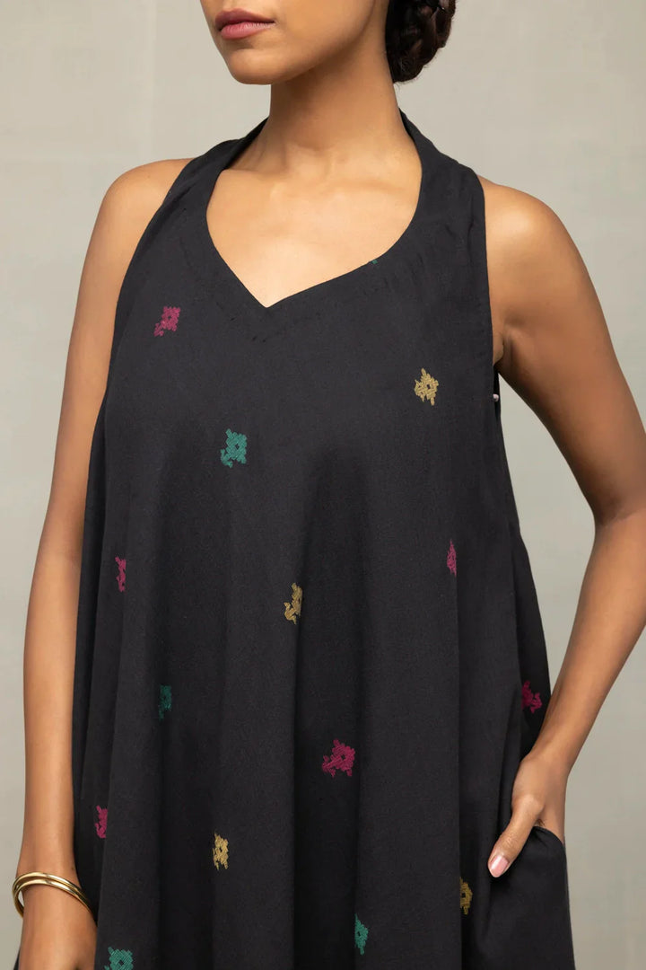 Black Noorrekha Pure Cotton Jamdani Dress | SHOBITAM
