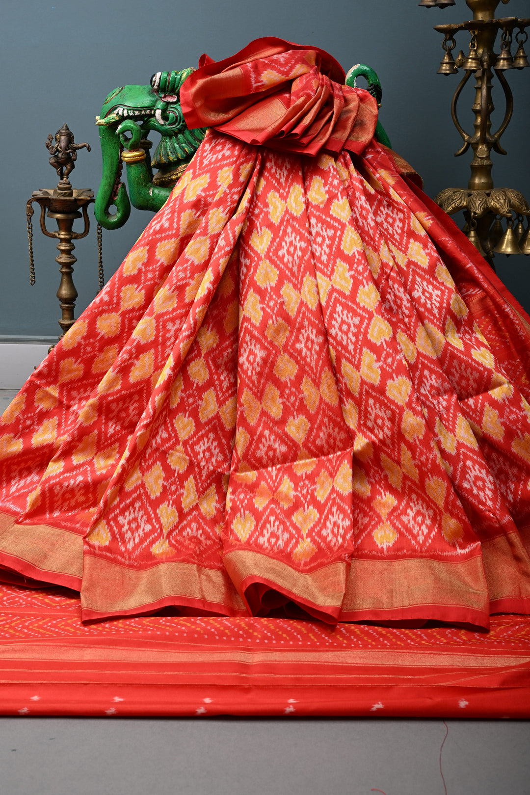 Red Pochampally Ikkat Pure Silk Saree with Geometric Brocade and Tissue Border | SILK MARK CERTIFIED | SHOBITAM