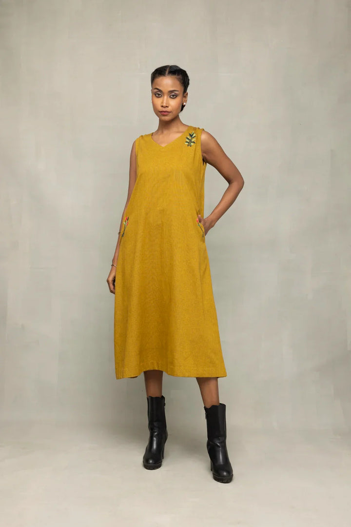 Olive Green Khadi Embriodered Dress | SHOBITAM