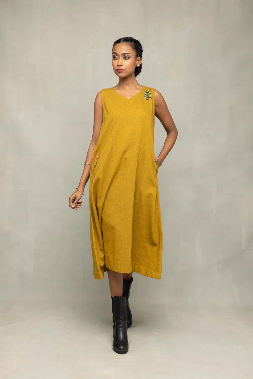 Olive Green Khadi Embriodered Dress | SHOBITAM