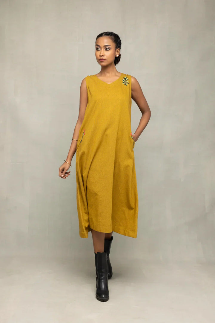 Olive Green Khadi Embriodered Dress | SHOBITAM