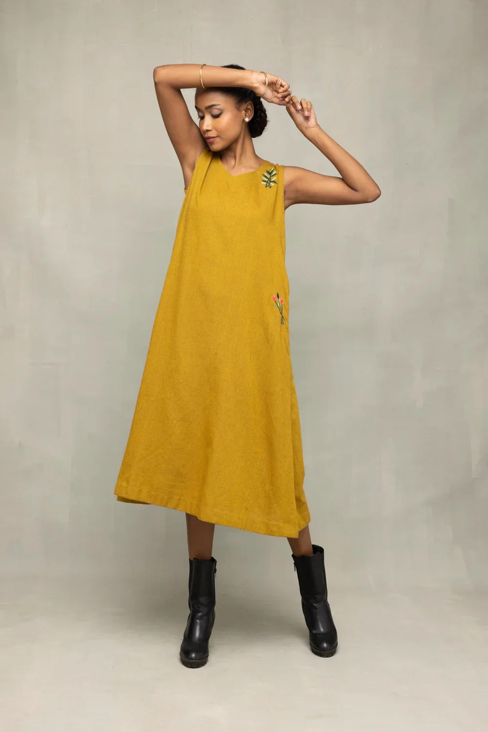 Olive Green Khadi Embriodered Dress | SHOBITAM
